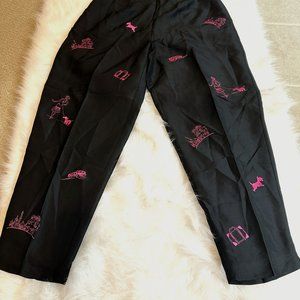 Silk Pants Ankle Side Zip Retro Novelty Print Dogs Travel Pink Embroidered Sz 16